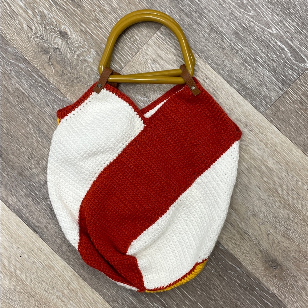 Handmade Crocheted Purse BOHO Grannycore Bag Red & Yellow Plastic Handles